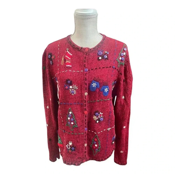 Star Blue Originals Studio Vintage Red Button Front Christmas Cardigan Size M - Picture 1 of 13